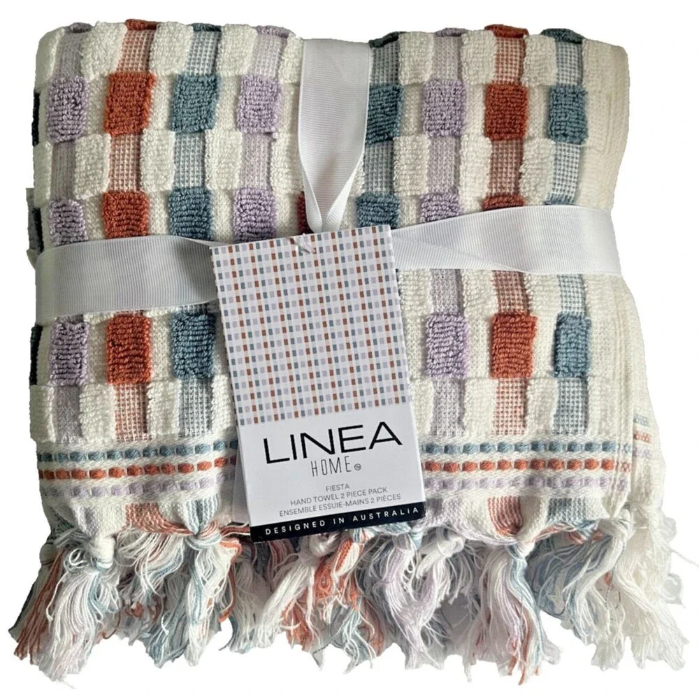 Linea Home Hand Towels Fiesta Cotton Multicolor Tile Fringe Hem Set of 2